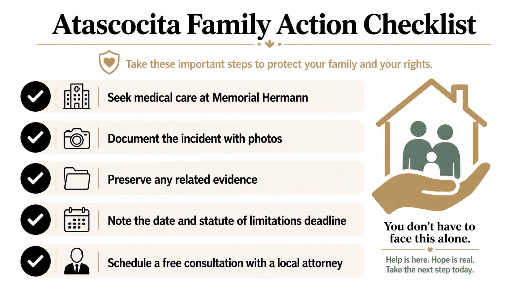 A checklist for families in Atascocita to take legal and medical action after an unfortunate incident.