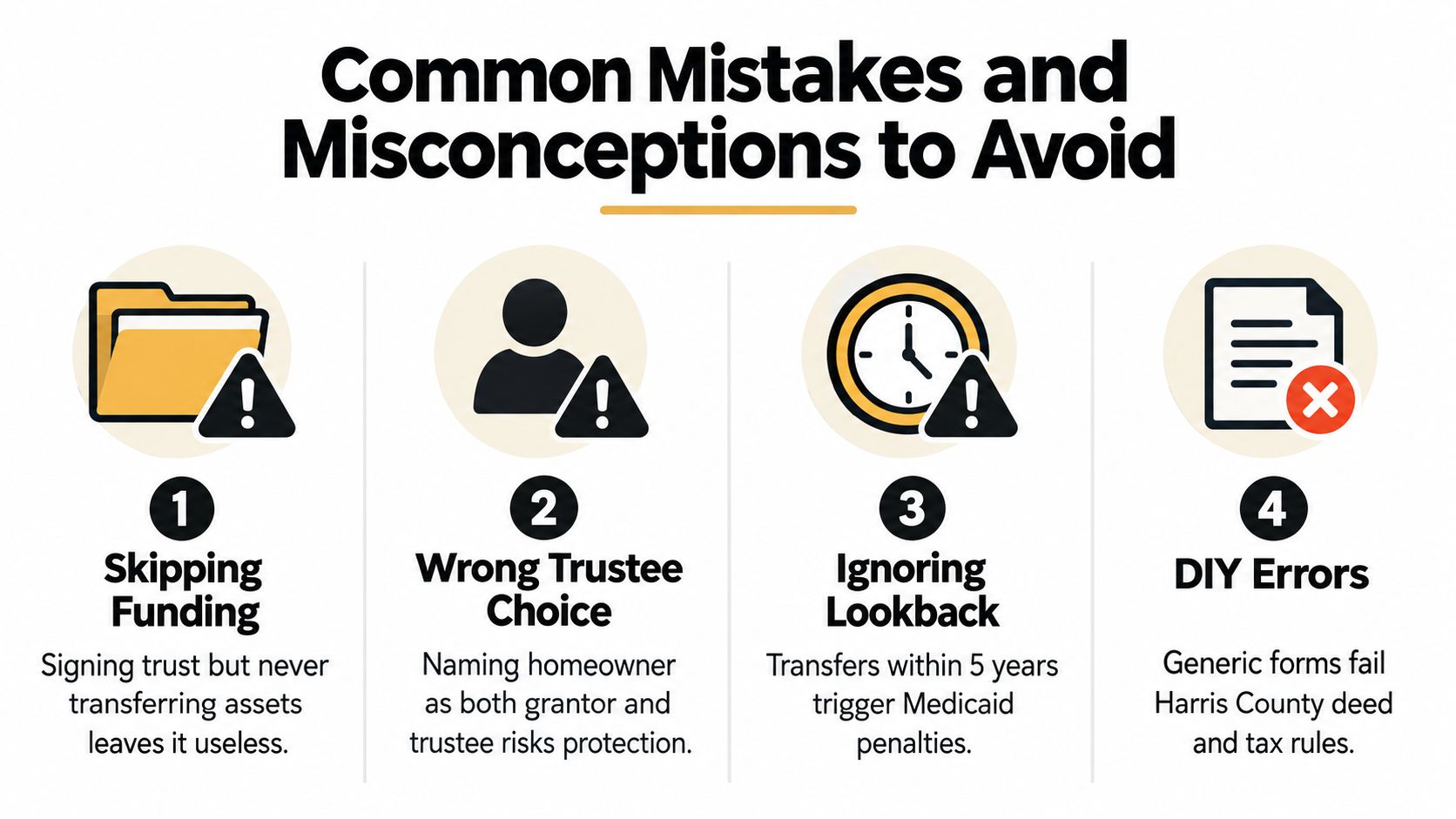 An infographic detailing four common mistakes and misconceptions to avoid when setting up an irrevocable trust.