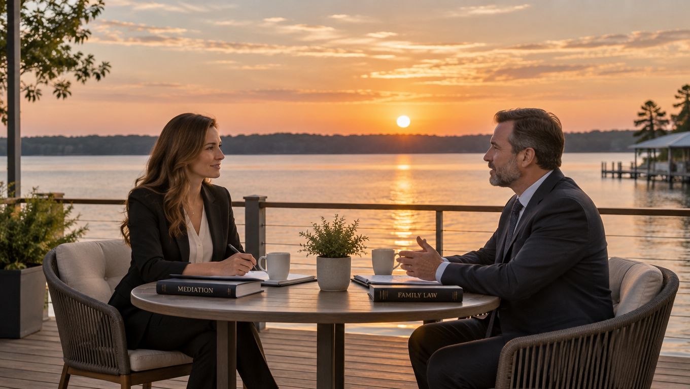 A professional man and woman sit at a round table on a deck overlooking Lake Houston at sunset.