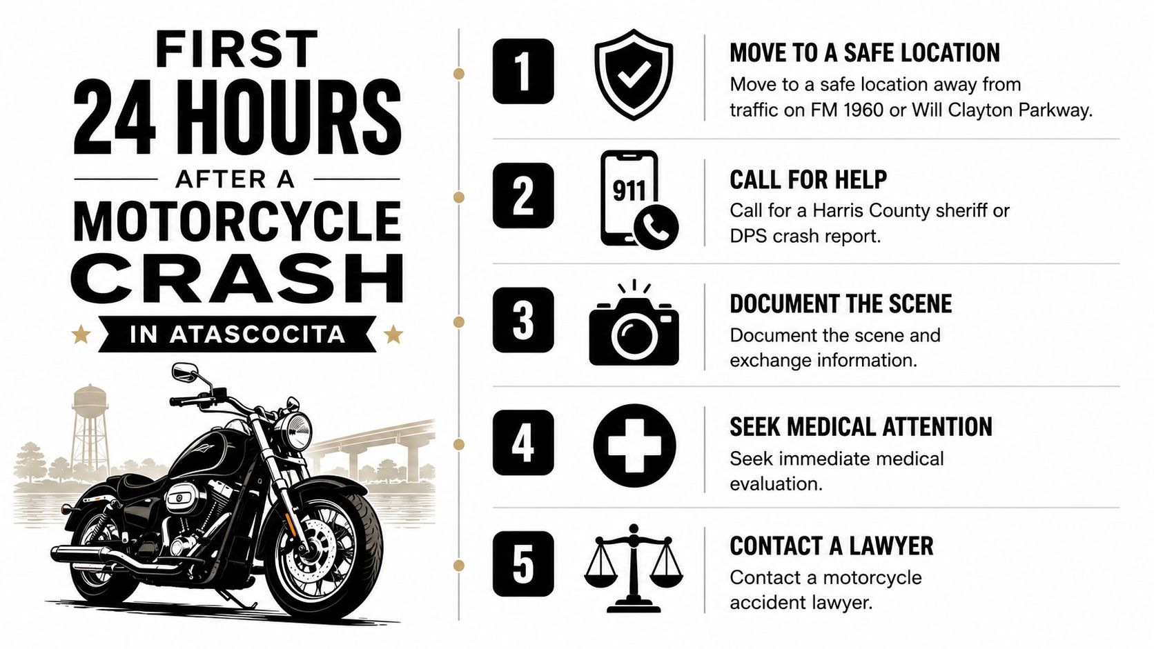 An infographic titled First 24 Hours After A Motorcycle Crash In Atascocita listing five essential steps.