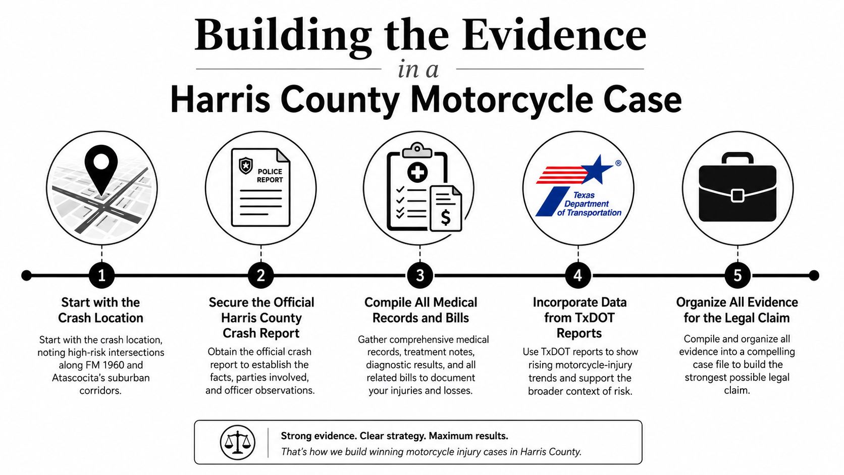 A step-by-step infographic illustrating the process of building evidence for a Harris County motorcycle accident claim.