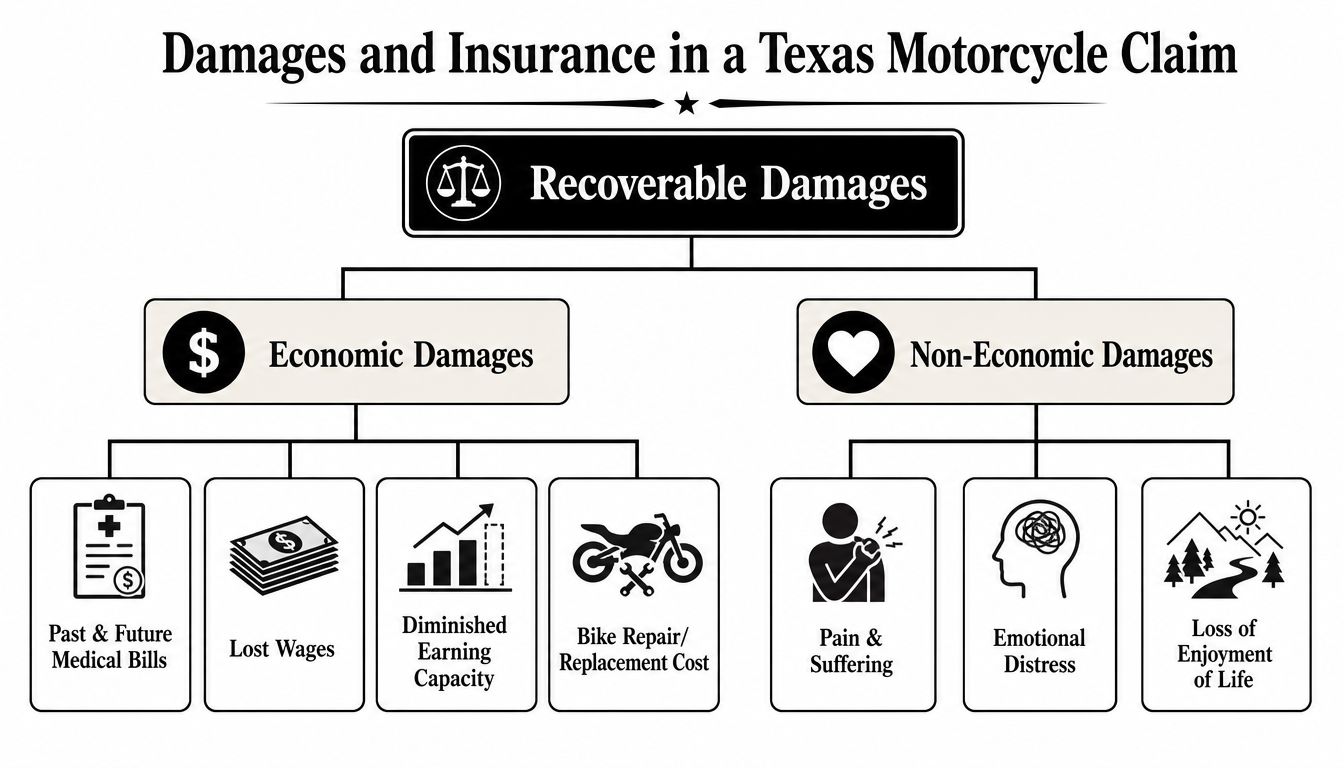 An infographic detailing recoverable economic and non-economic damages for a motorcycle accident claim in Texas.