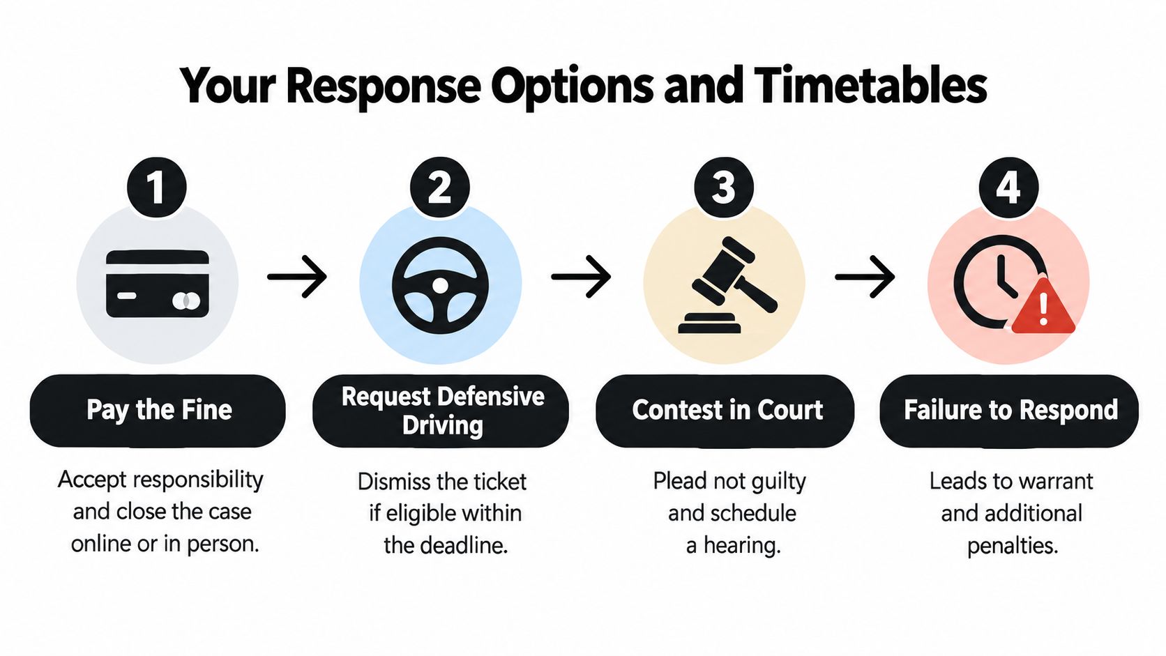 An infographic showing four options for handling a traffic citation: paying, defensive driving, court, or failing to respond.