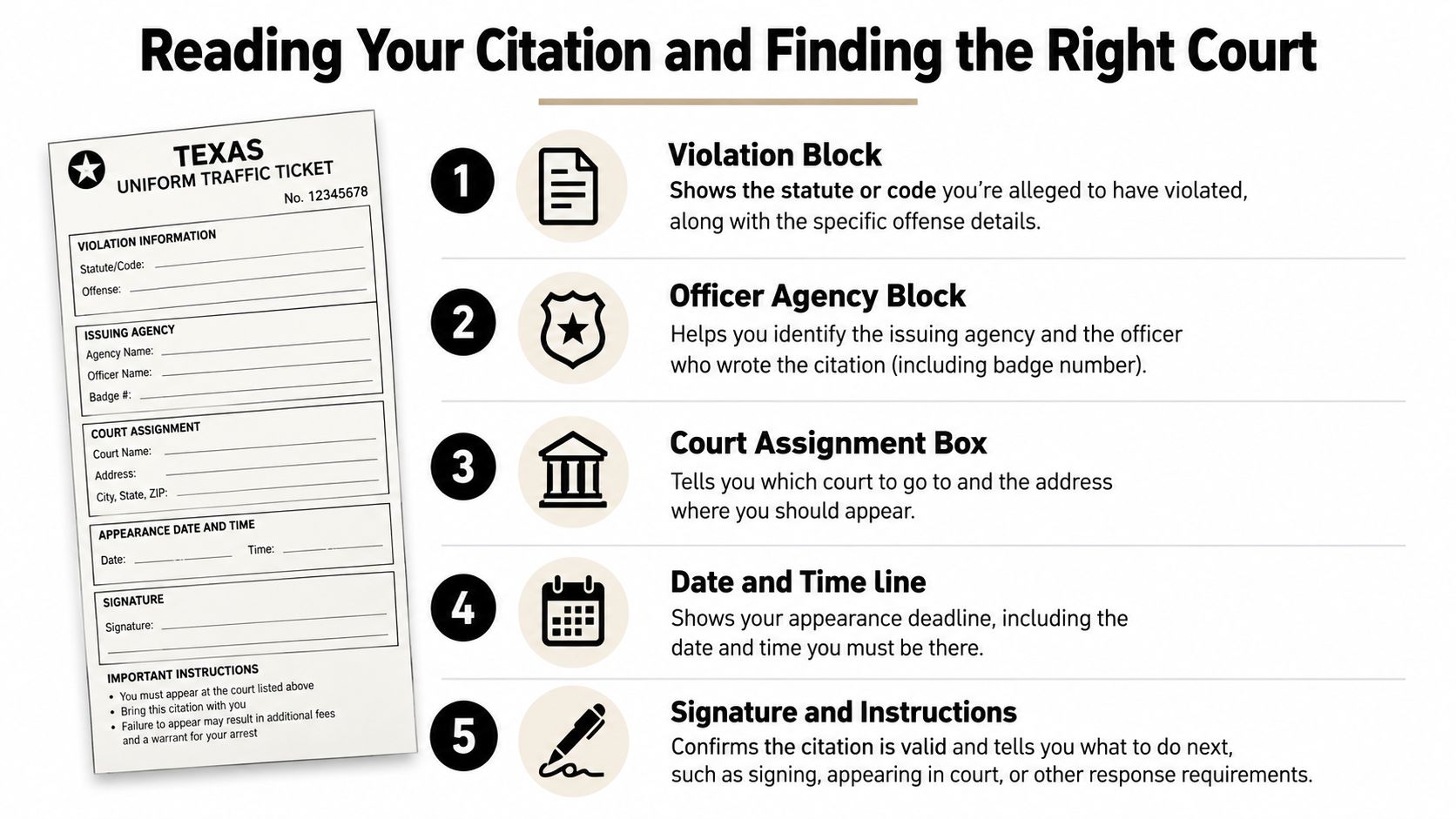 An infographic explaining how to read a Texas traffic citation and identify the required court appearance details.
