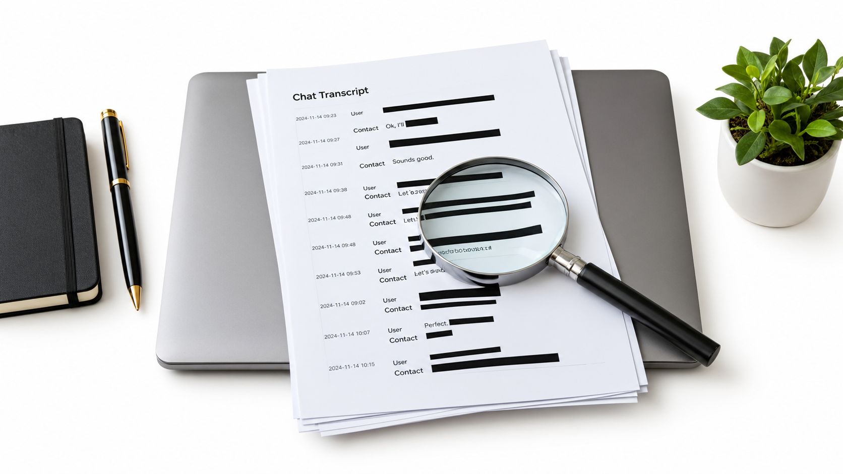A magnifying glass resting on a printed chat transcript placed over a laptop next to a pen.