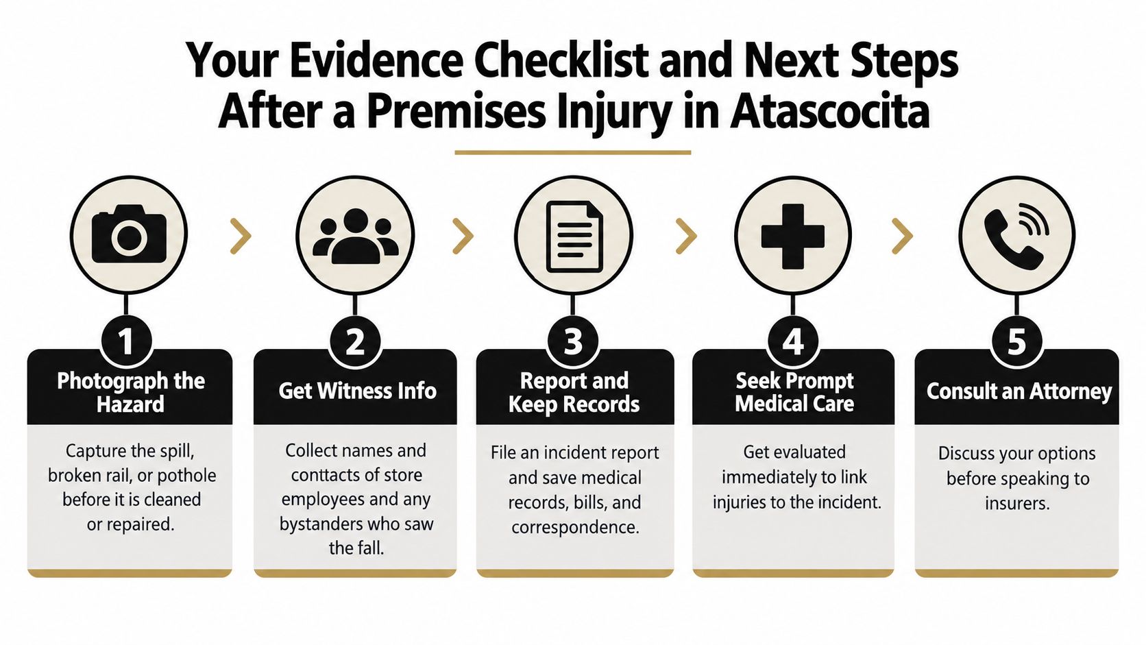 A five-step checklist illustrating necessary actions to take after experiencing a premises injury in Atascocita.