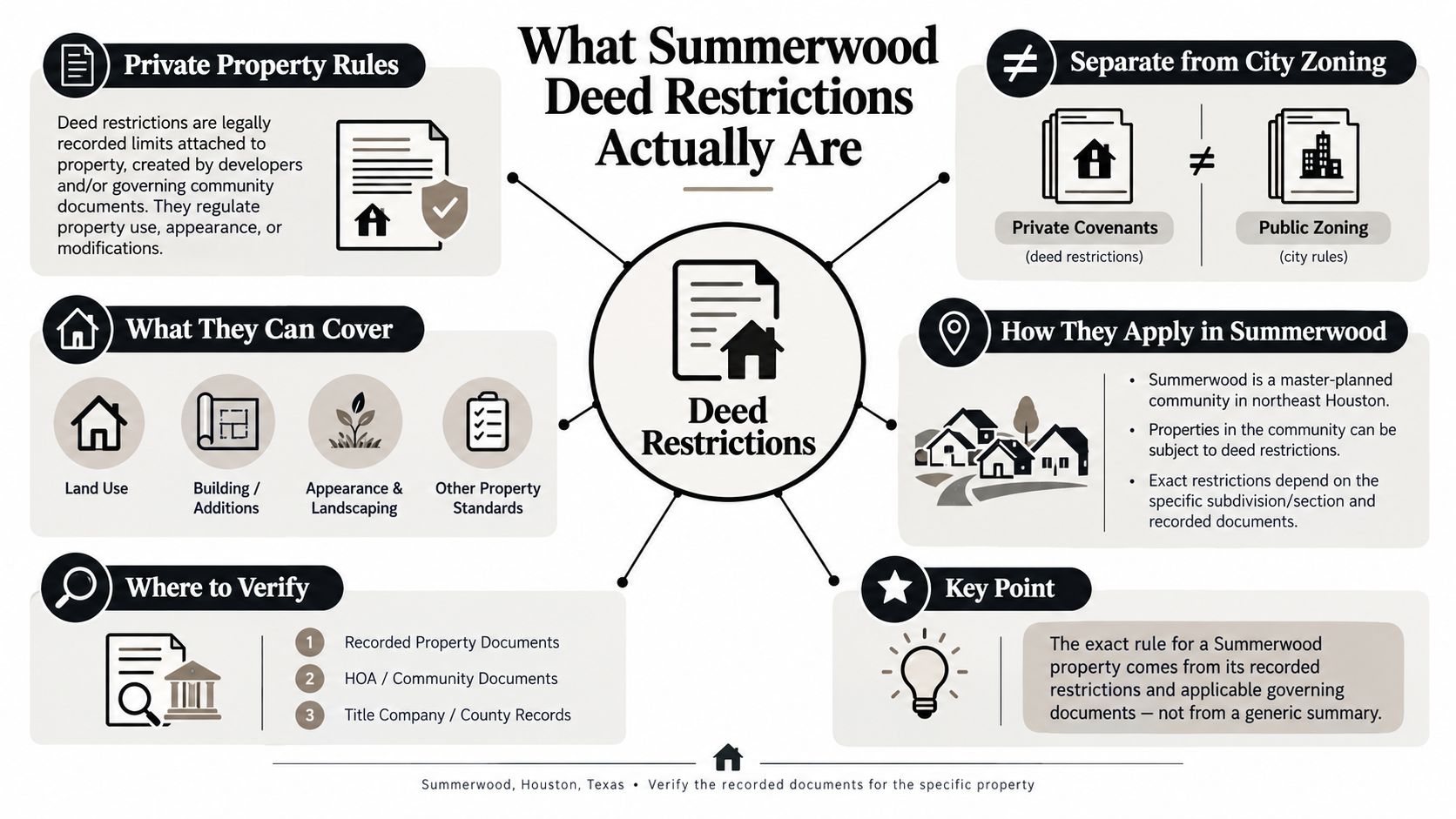 An infographic explaining Summerwood deed restrictions, their purpose, application, and where to find property documentation.
