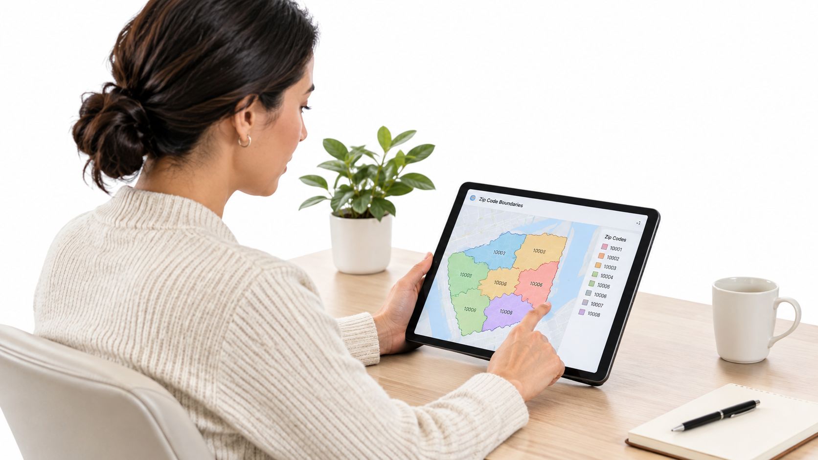 A woman reviewing a digital map of zip code boundaries on a tablet screen at her desk.