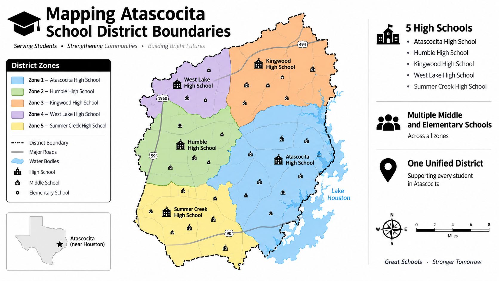 A map of Atascocita school district boundaries showing five different high school zones and major roads.