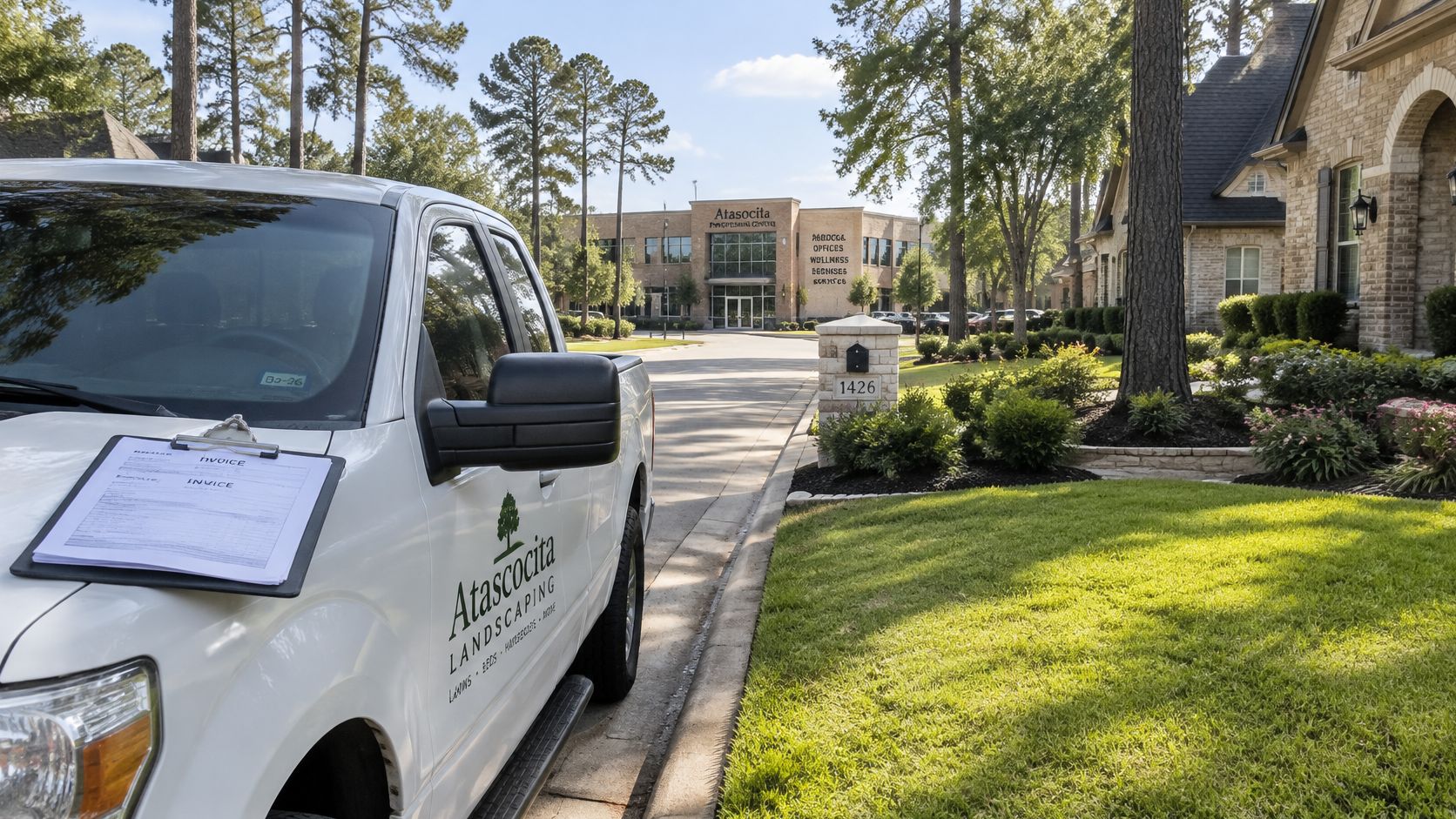 A white work truck parked on a suburban street near a professional building and landscape garden.