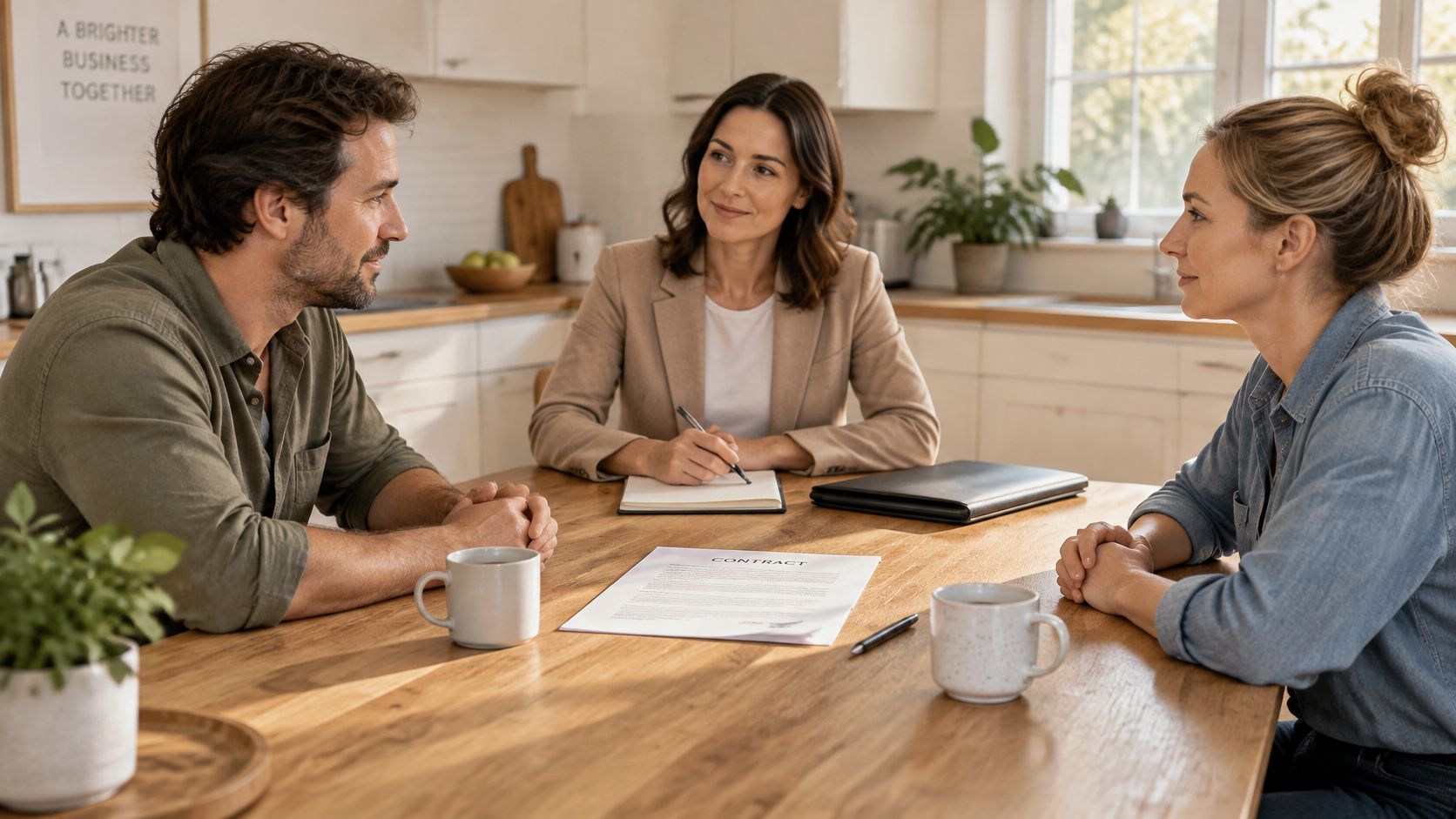 A professional woman facilitates a discussion between a couple seated at a wooden table reviewing a contract.