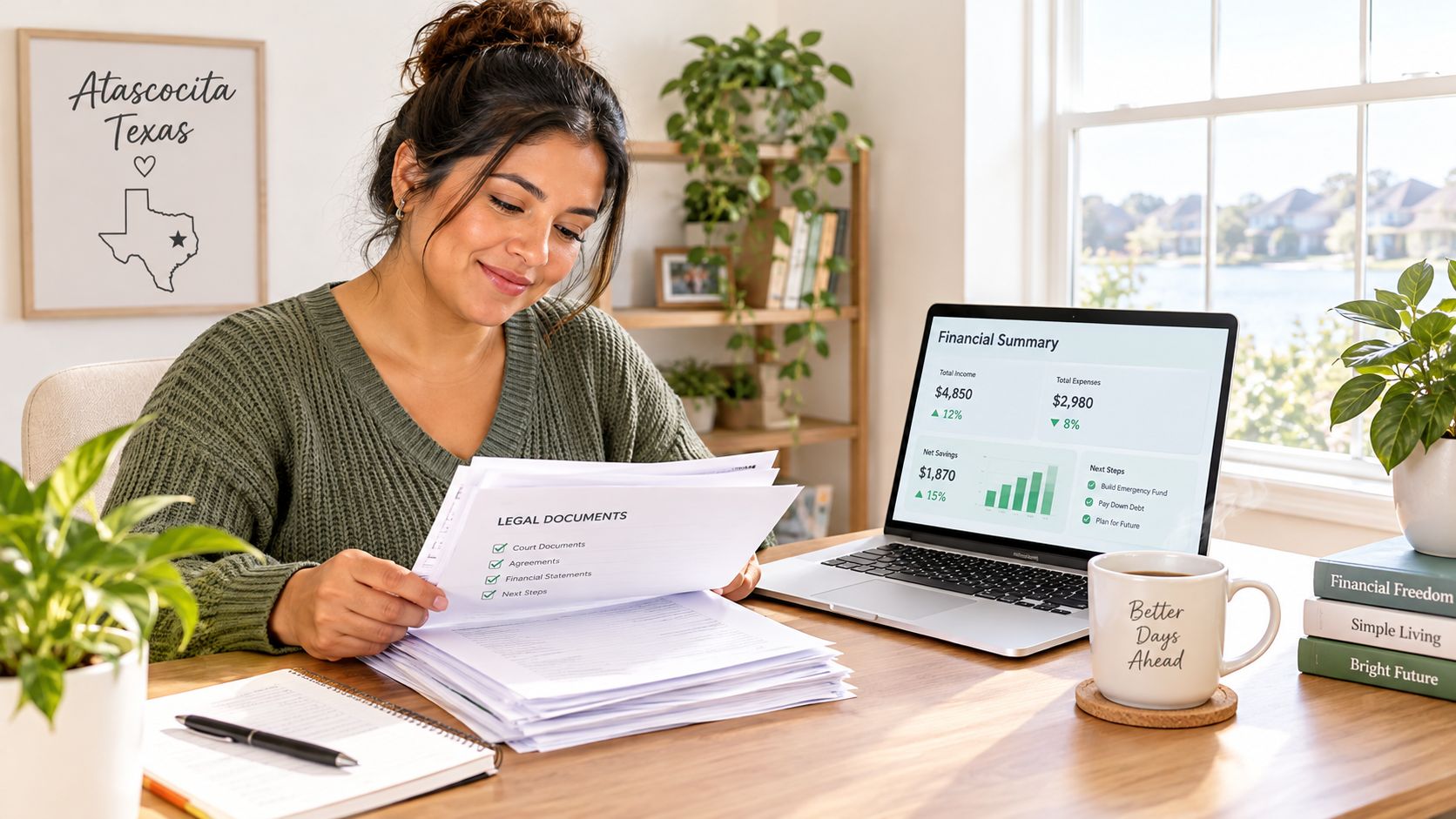 A woman reviewing legal documents and financial summaries on a laptop at a desk in Atascocita, Texas.