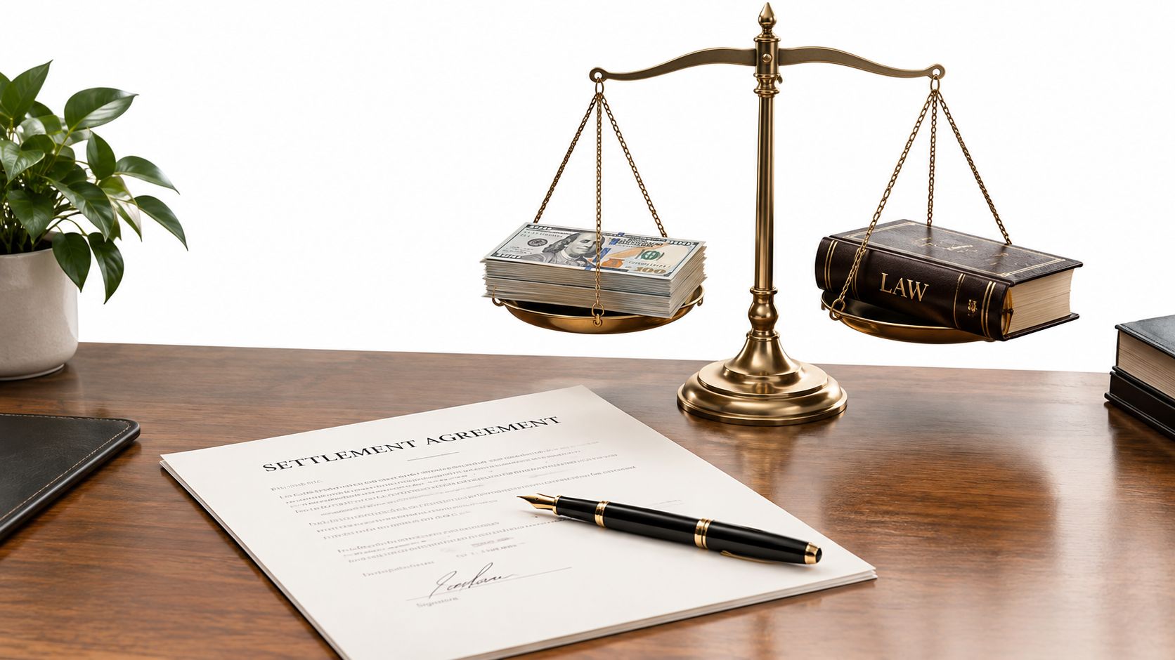 A wooden desk featuring a settlement agreement document, a fountain pen, and a scale of justice balancing money and law books.