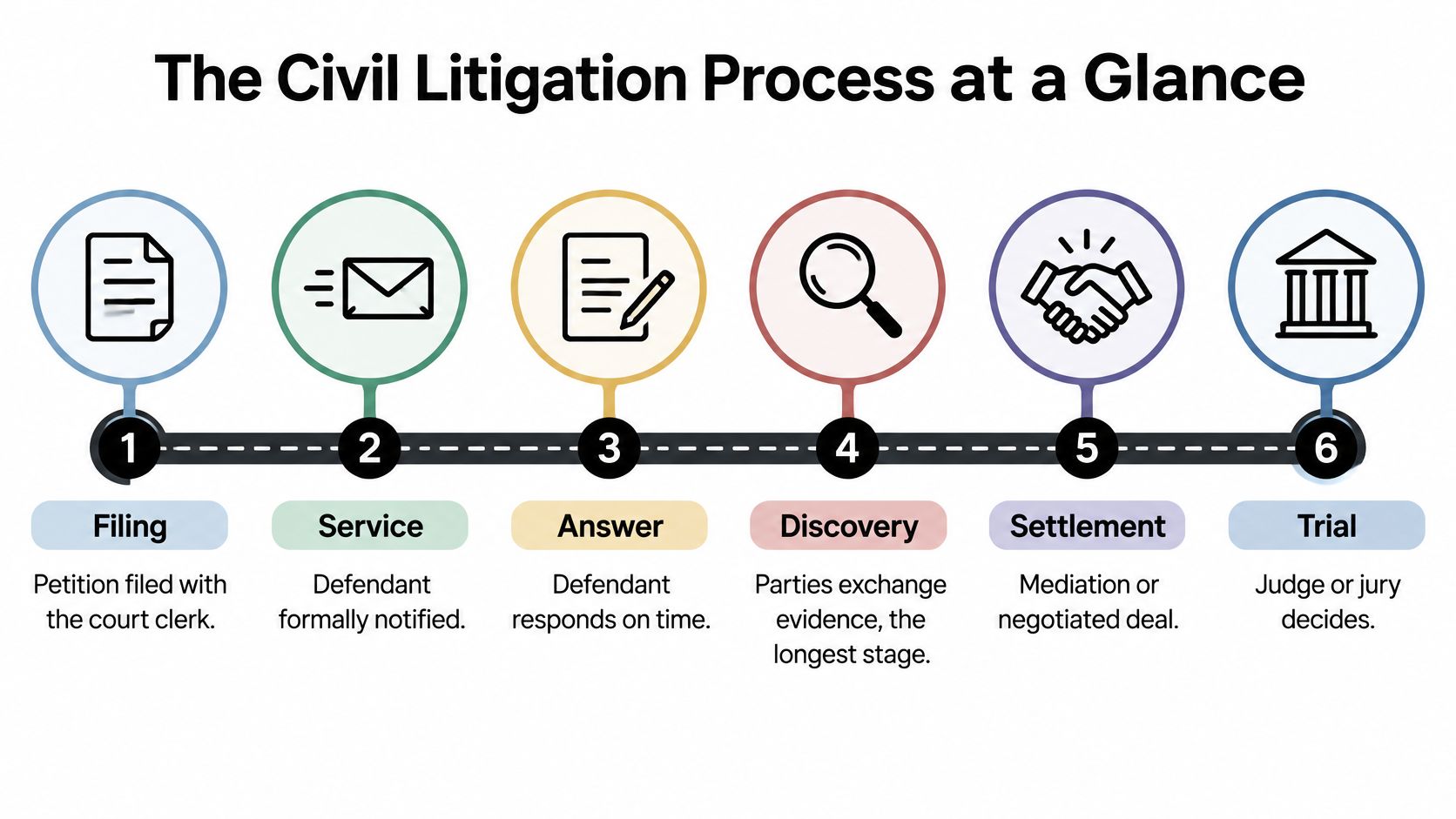 A six-step infographic illustrating the civil litigation process from filing a petition to the final trial.