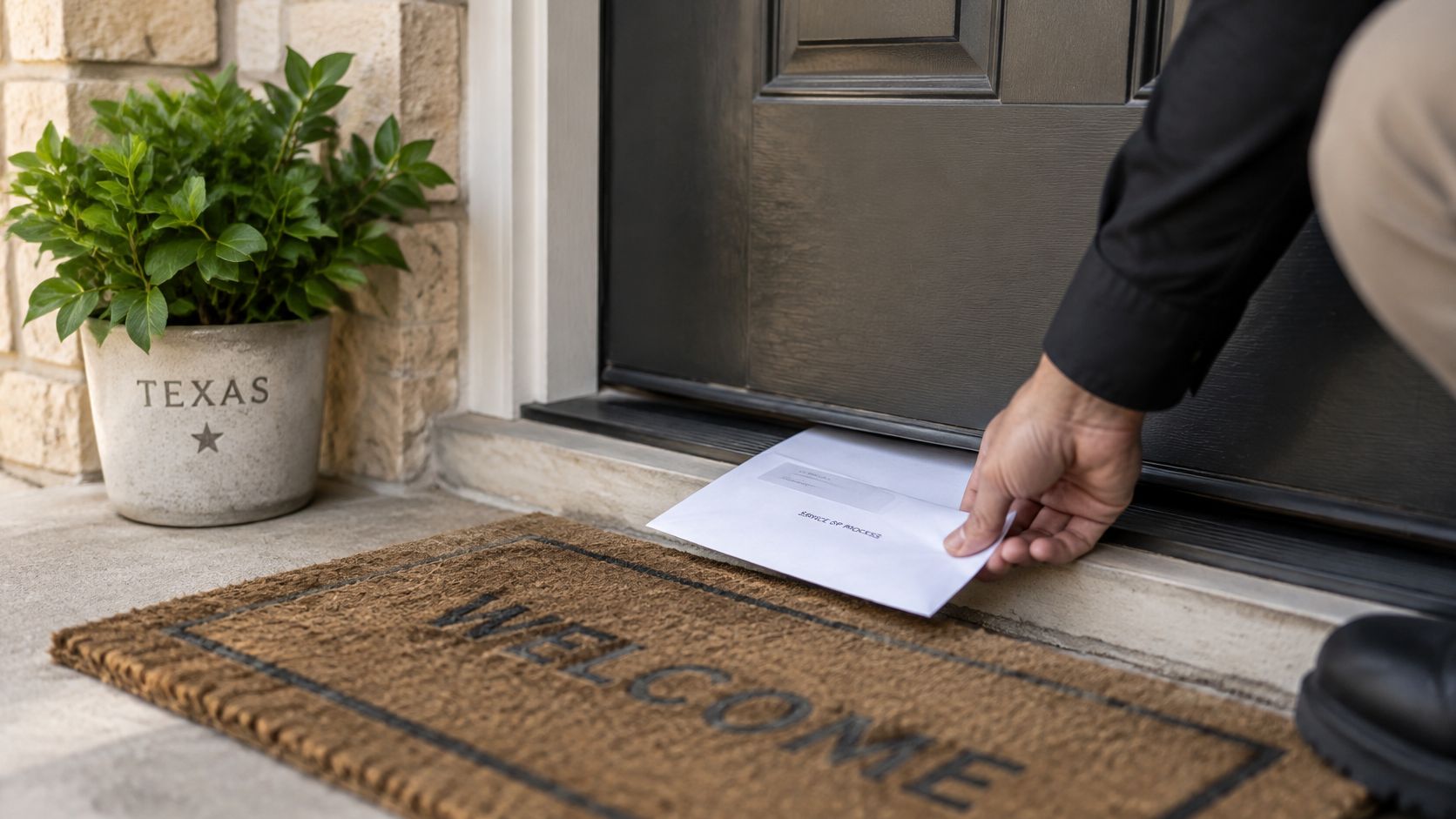 A process server hand delivering legal documents to a residential front door in Texas.