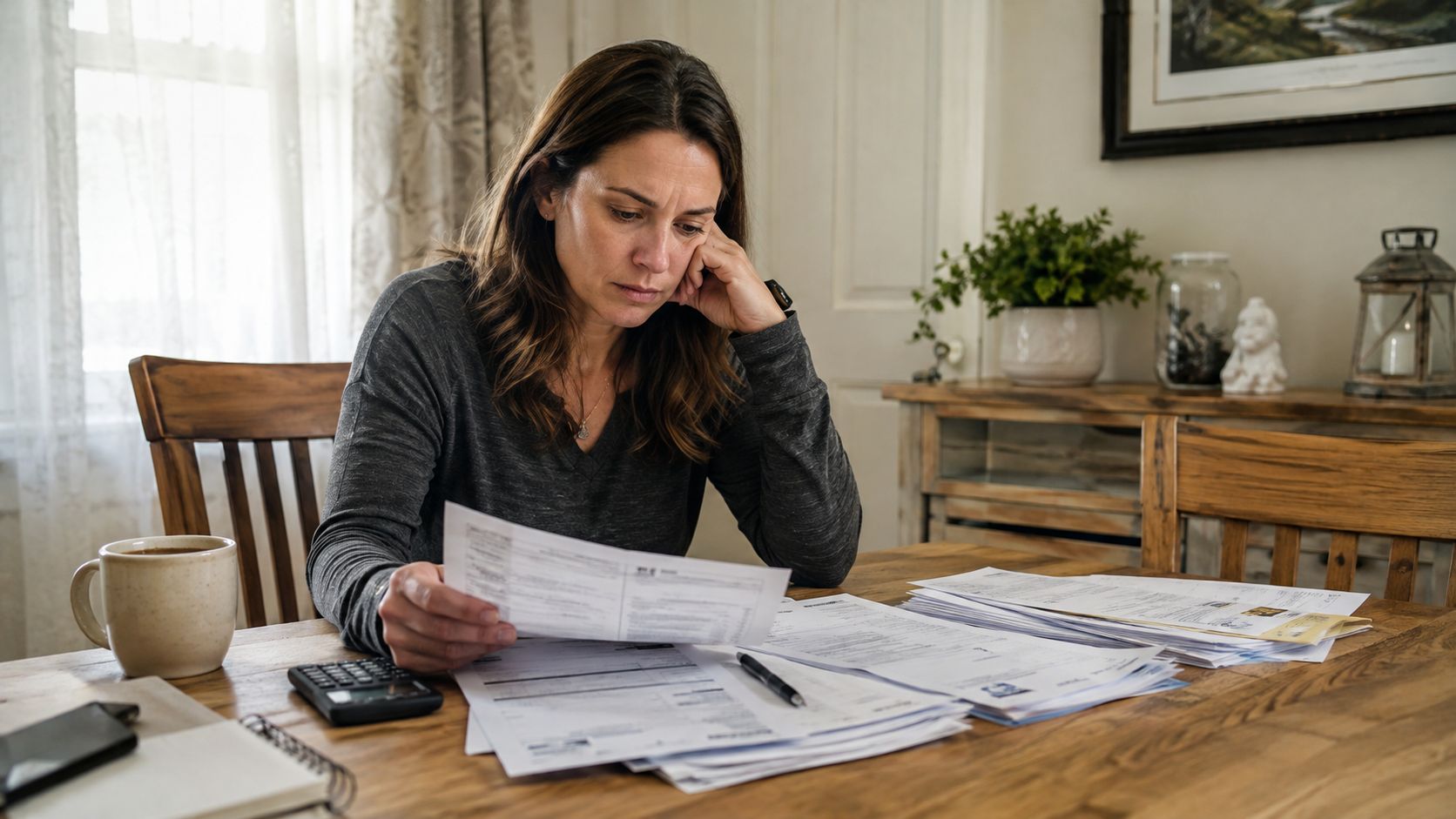 A worried woman reviewing financial documents and divorce paperwork at a wooden dining room table at home.