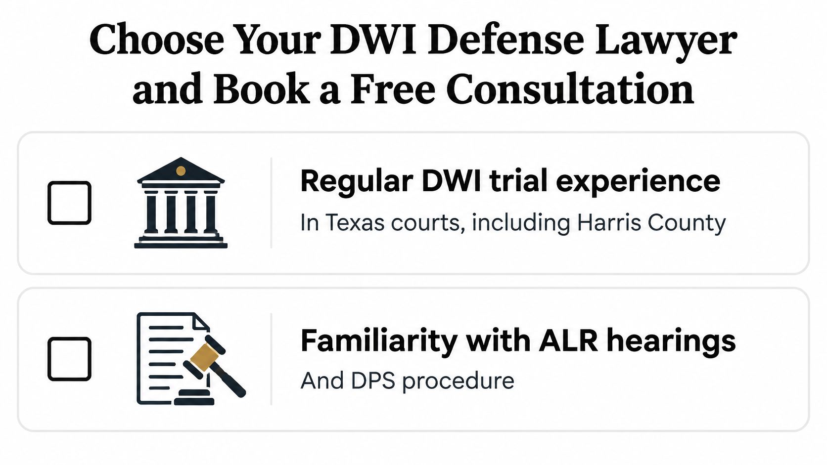 A checklist for selecting a qualified DWI defense lawyer based on trial experience and ALR hearing knowledge.