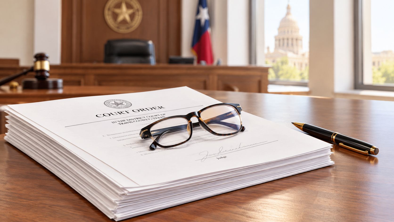 A stack of court order documents with reading glasses and a pen on a judge desk.