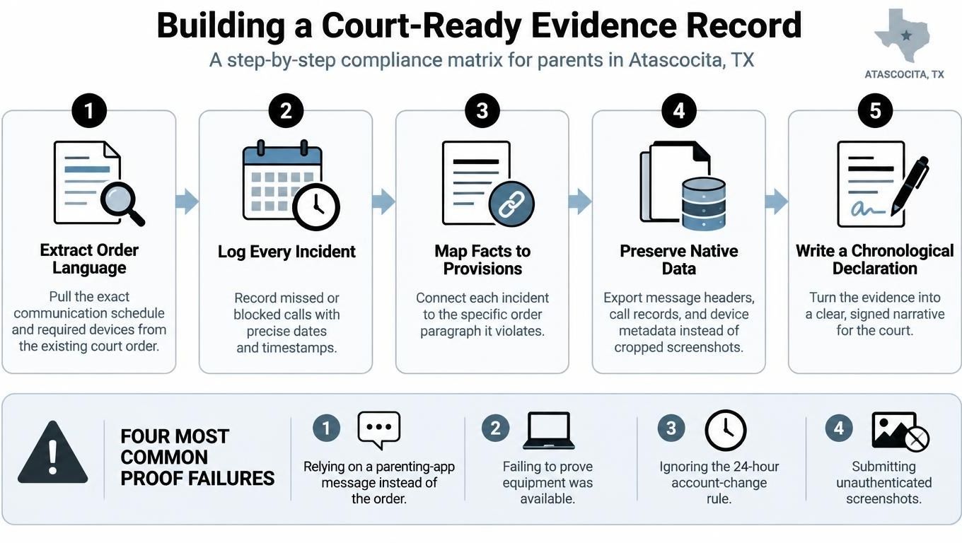 A step-by-step guide for Atascocita, Texas parents on building a court-ready evidence record for legal compliance.