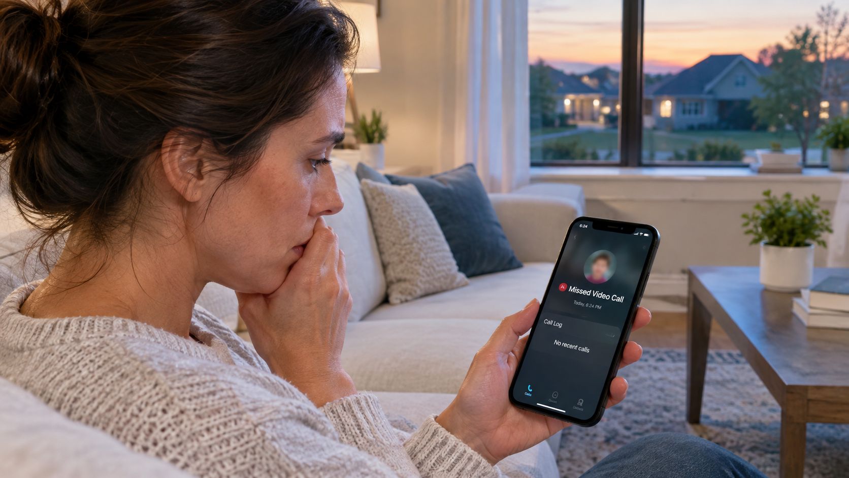 A concerned woman sitting on a couch holding a smartphone showing a missed video call notification.