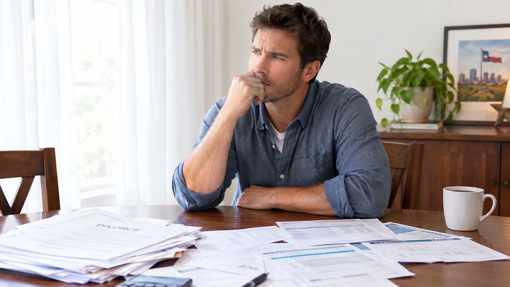A thoughtful man sitting at a dining table filled with divorce documents and financial papers at home.