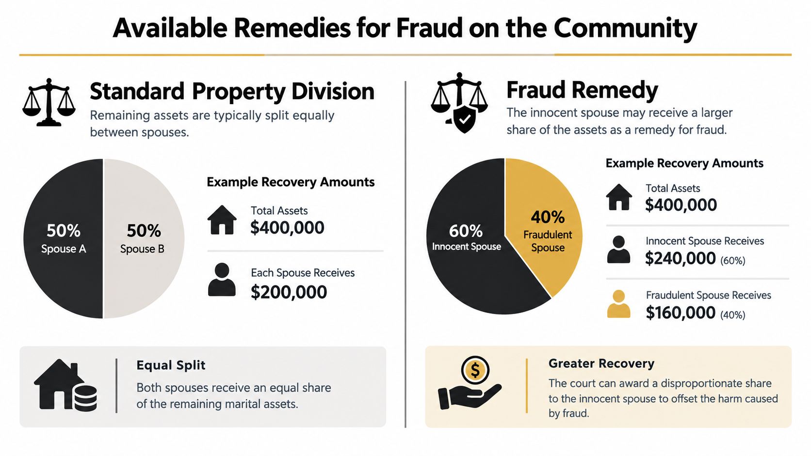 An infographic comparing standard property division versus fraud remedies in community property divorce settlements.