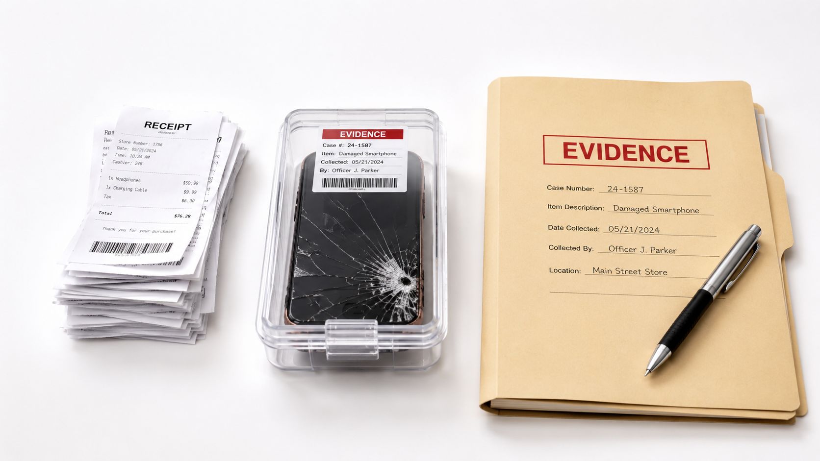 A smartphone with a shattered screen in an evidence container next to a case file and receipts.