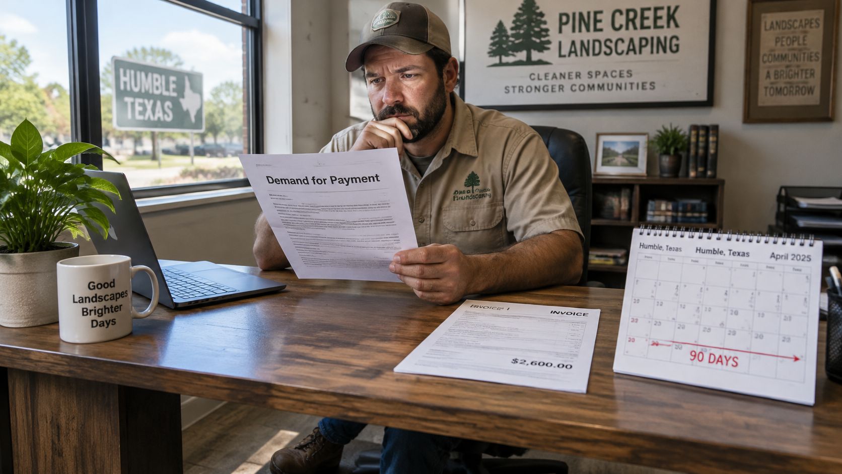 A concerned landscaper sitting at his office desk reviewing a demand for payment letter.