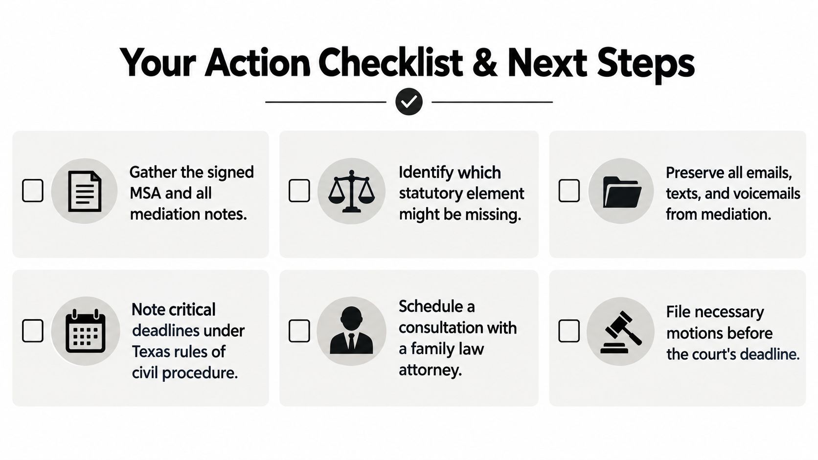 A checklist infographic titled Your Action Checklist & Next Steps for legal tasks after a mediation process.