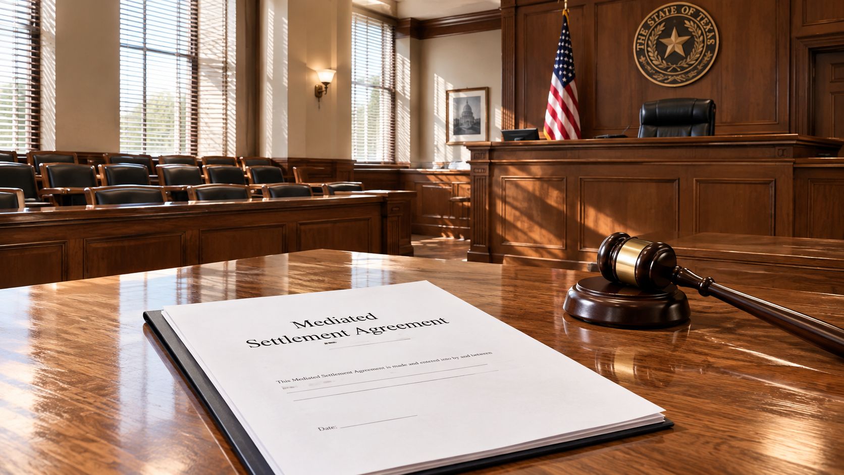 A gavel and a Mediated Settlement Agreement document placed on a polished wooden desk in a courtroom.