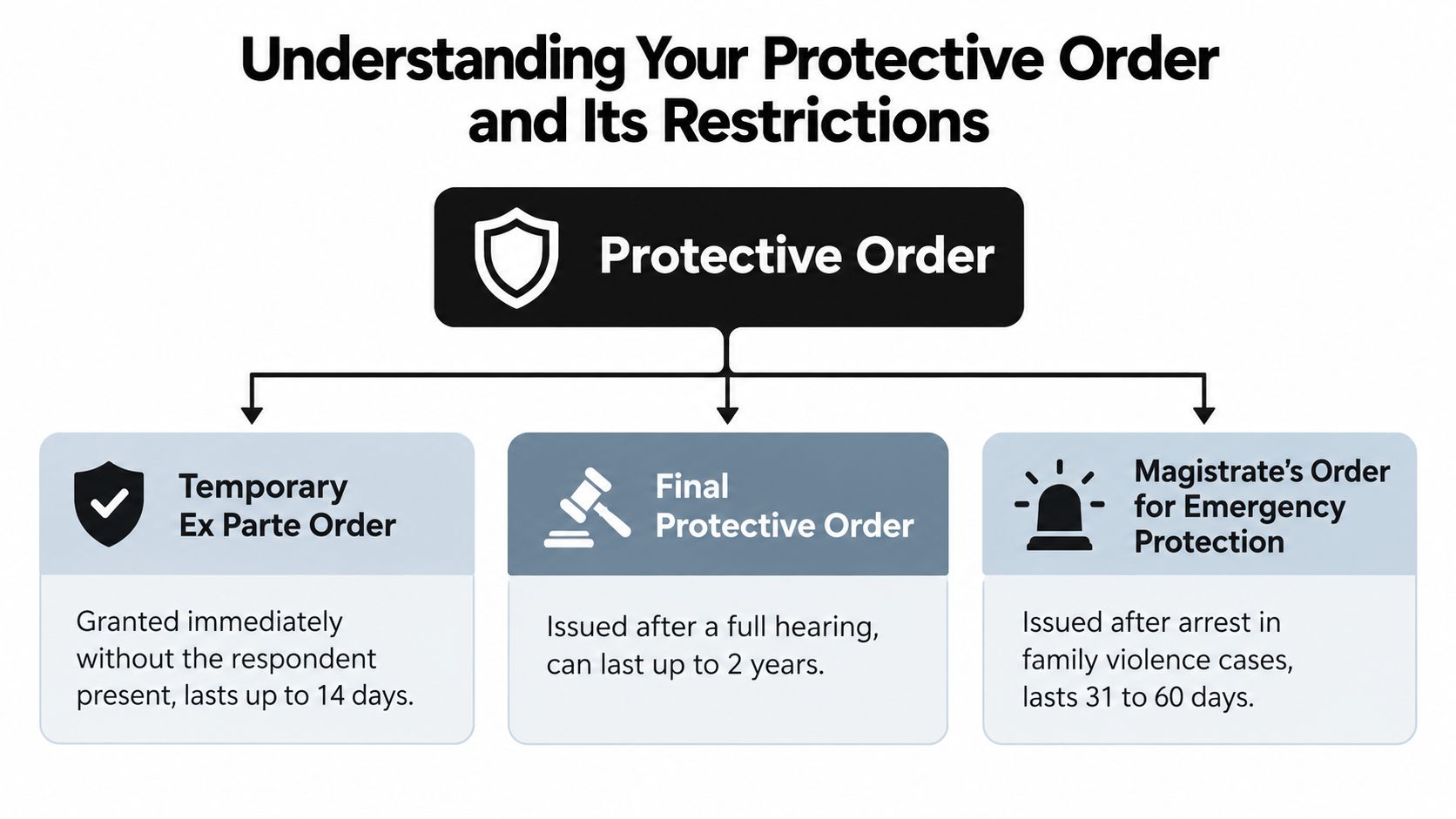 A flowchart explaining the three types of protective orders, including temporary, final, and magistrate emergency orders.