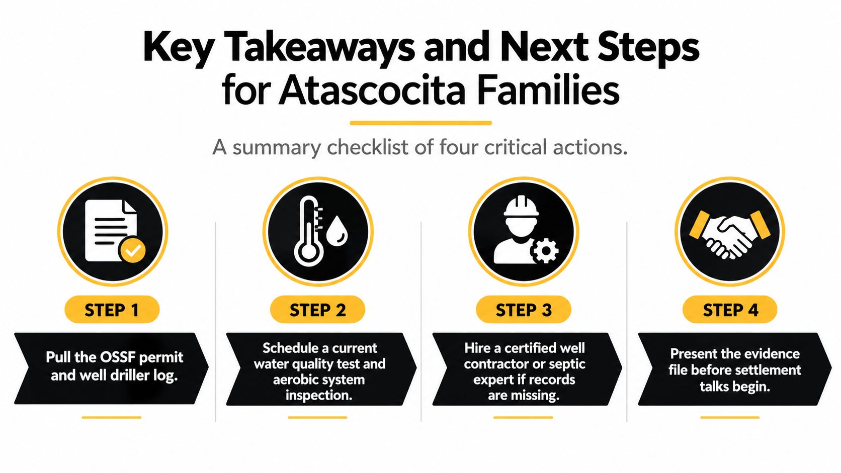 An infographic checklist for Atascocita families regarding steps for septic system and water well property inspections.