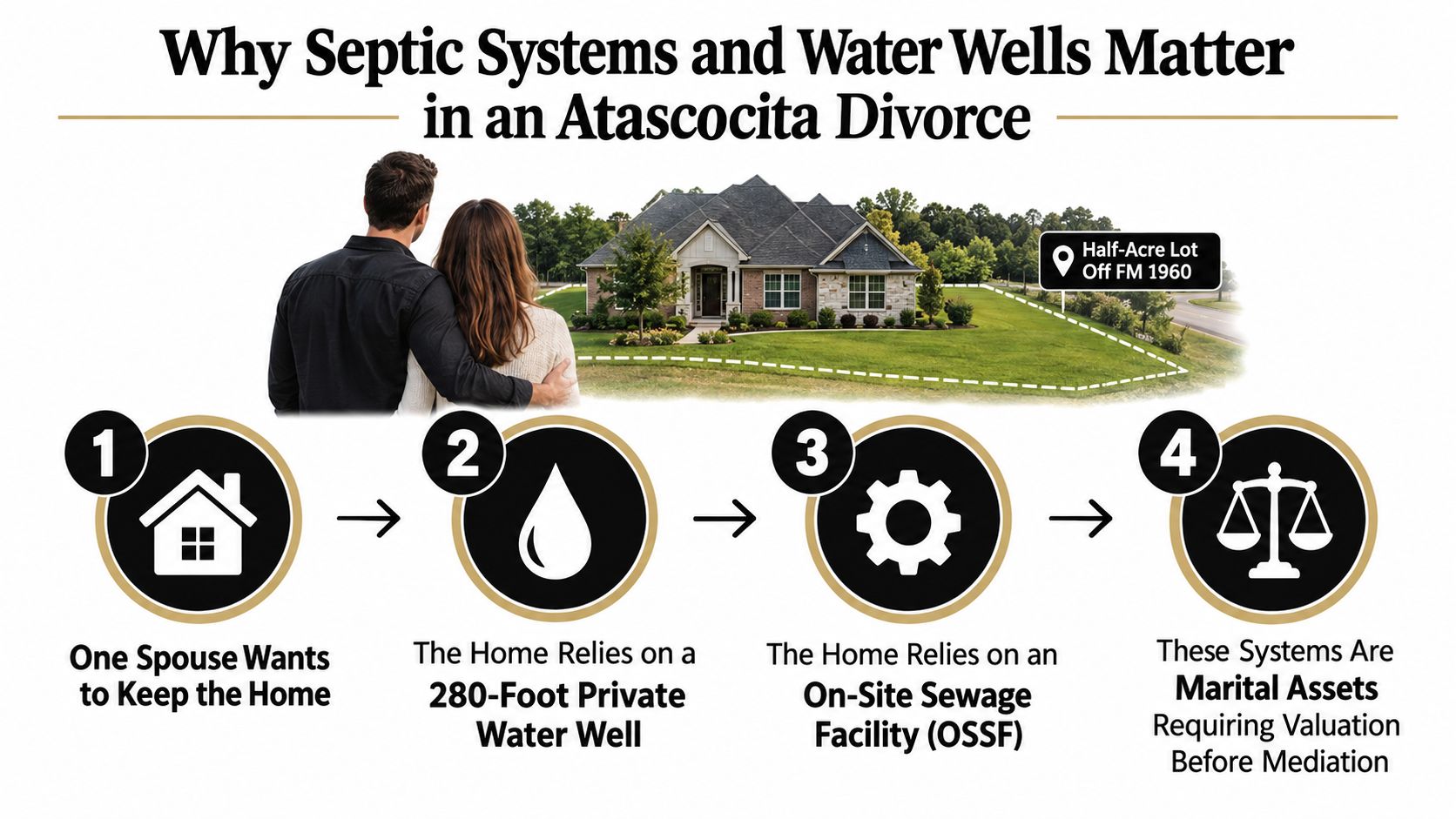 An infographic showing factors for septic system and water well valuation during an Atascocita divorce settlement.