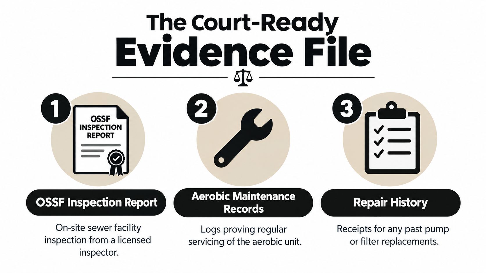 A graphic titled The Court-Ready Evidence File detailing three essential documents for septic system legal cases.