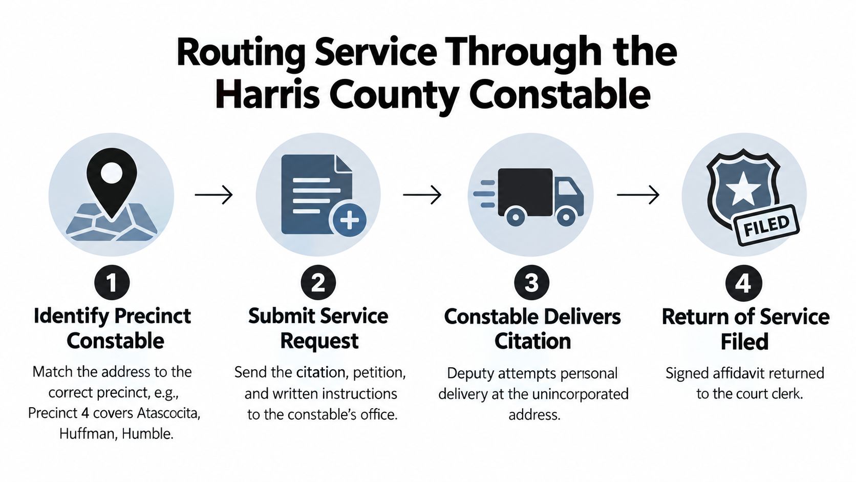 A four-step infographic illustrating the process for routing legal service requests through the Harris County Constable.